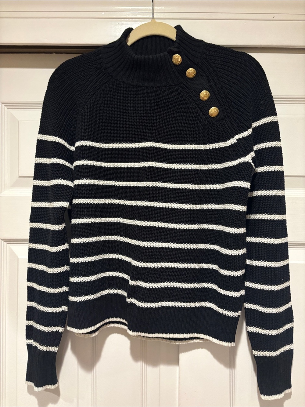 J. Crew Black & White Striped Mockneck Sweater with Gold Button Placket
